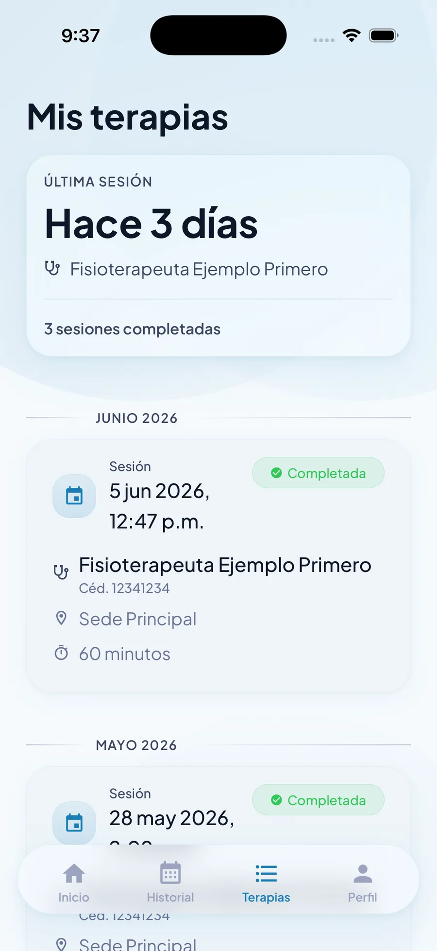 Historial de terapias del paciente en la app de NoPain