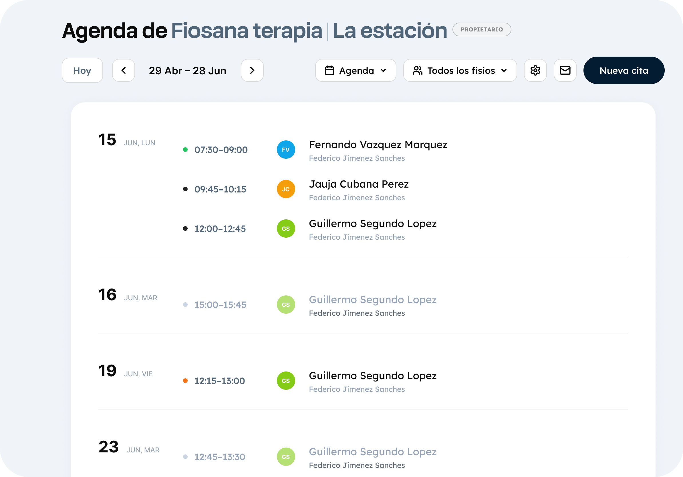Vista de Agenda en NoPain