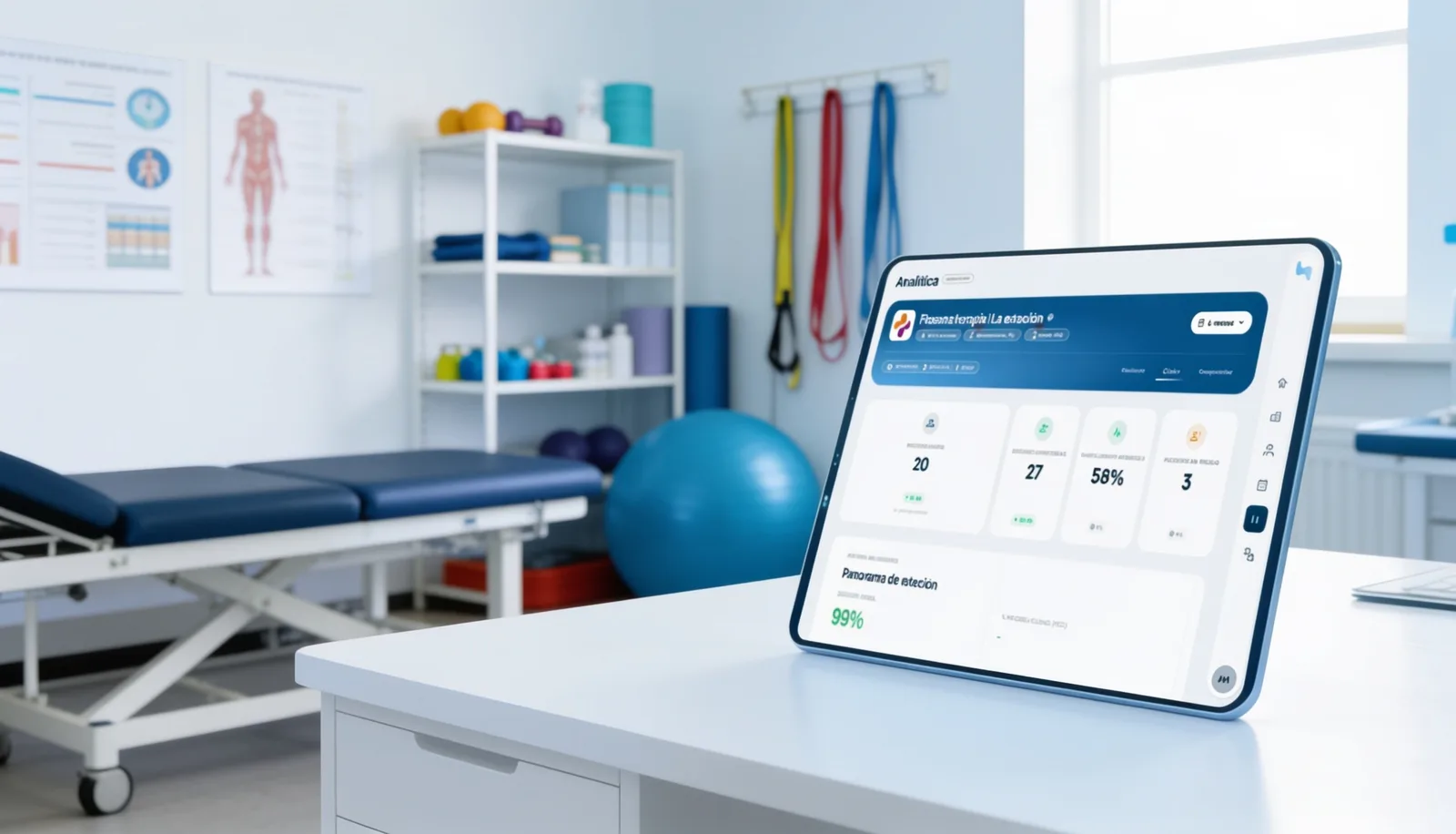 Consultorio de fisioterapia con la analítica de NoPain en una tablet